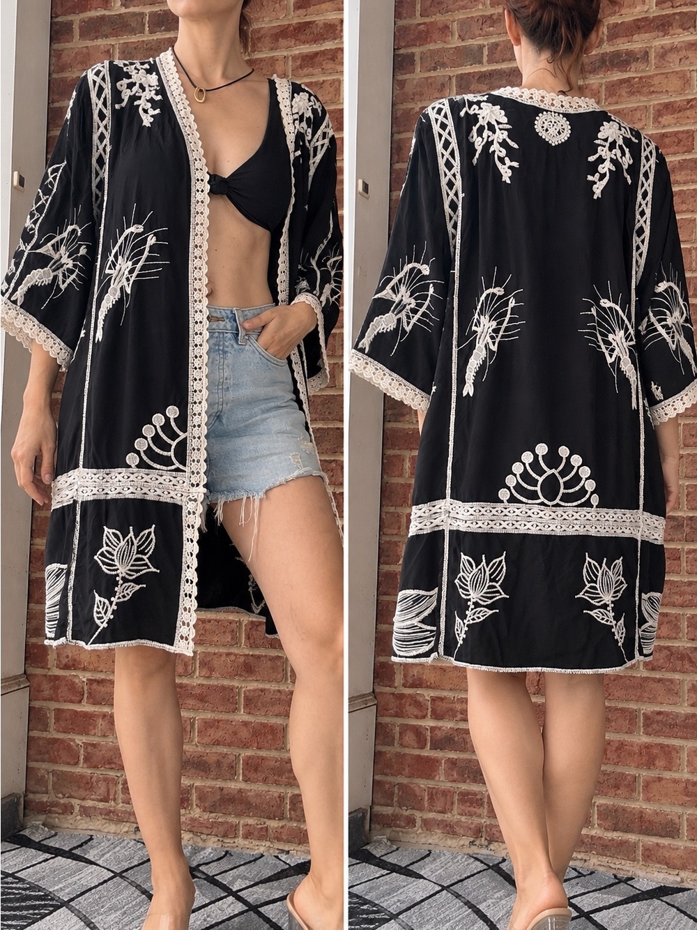 Black Embroidered Cotton Kaftan - White Stitching kimono. Cover up